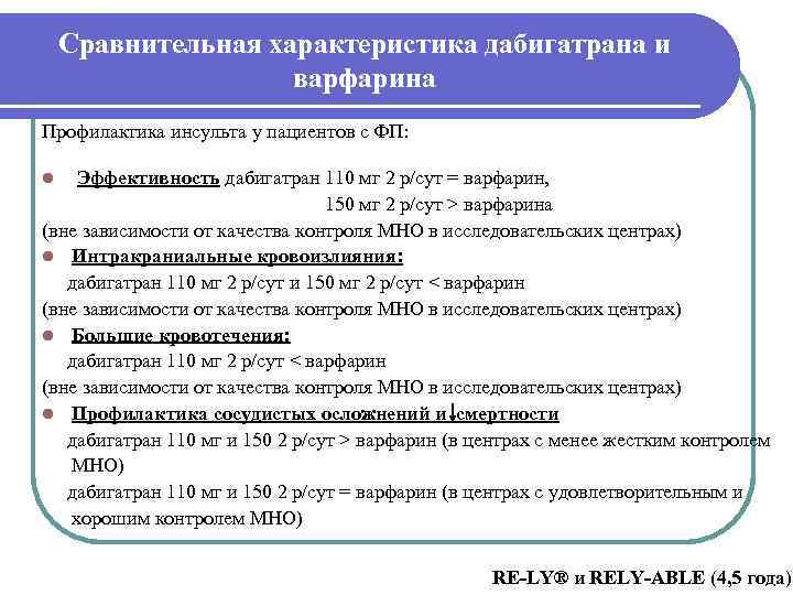  Сравнительная характеристика дабигатрана и     варфарина Профилактика инсульта у