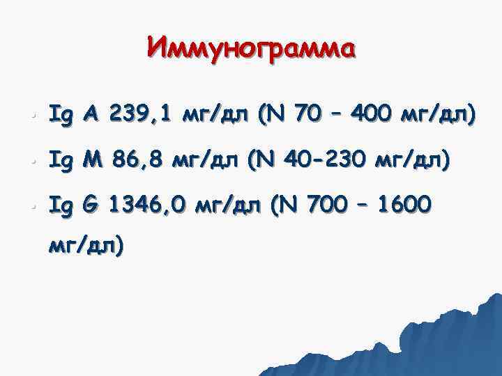    Иммунограмма  •  Ig A 239, 1 мг/дл (N 70