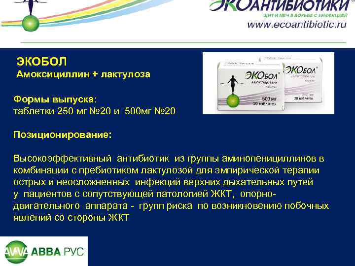 ЭКОБОЛ Амоксициллин + лактулоза Формы выпуска: таблетки 250 мг № 20 и 500 мг