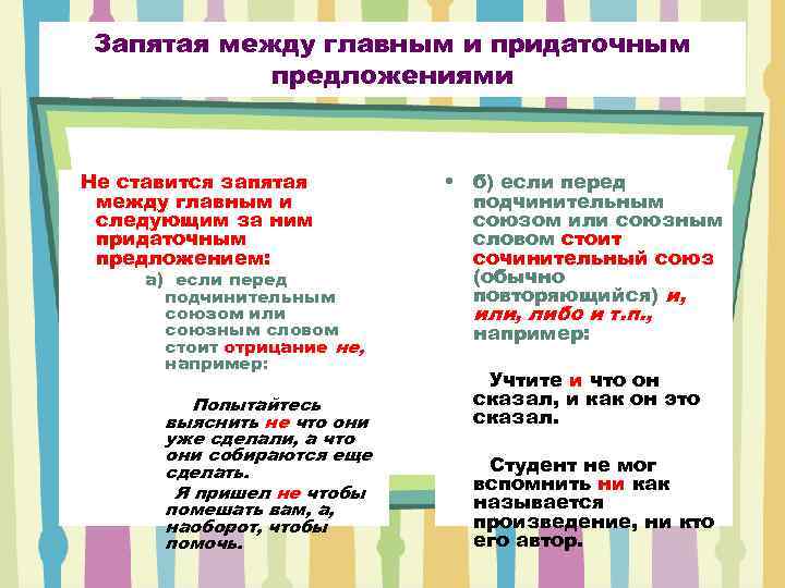  Запятая между главным и придаточным   предложениями  Не ставится запятая 