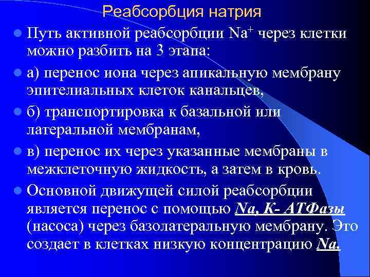    Реабсорбция натрия l Путь активной реабсорбции Nа+ через клетки  можно