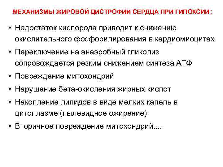  МЕХАНИЗМЫ ЖИРОВОЙ ДИСТРОФИИ СЕРДЦА ПРИ ГИПОКСИИ:  • Недостаток кислорода приводит к снижению