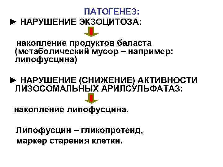    ПАТОГЕНЕЗ: ► НАРУШЕНИЕ ЭКЗОЦИТОЗА:  накопление продуктов баласта (метаболический мусор –