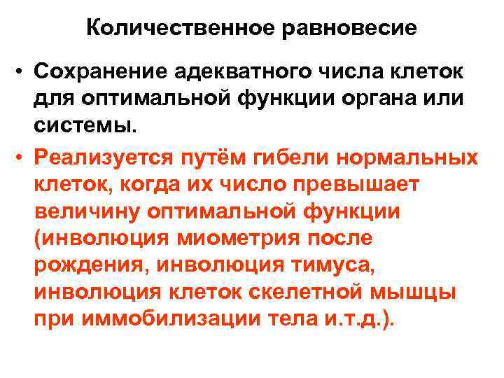  Количественное равновесие  • Сохранение адекватного числа клеток  для оптимальной функции органа