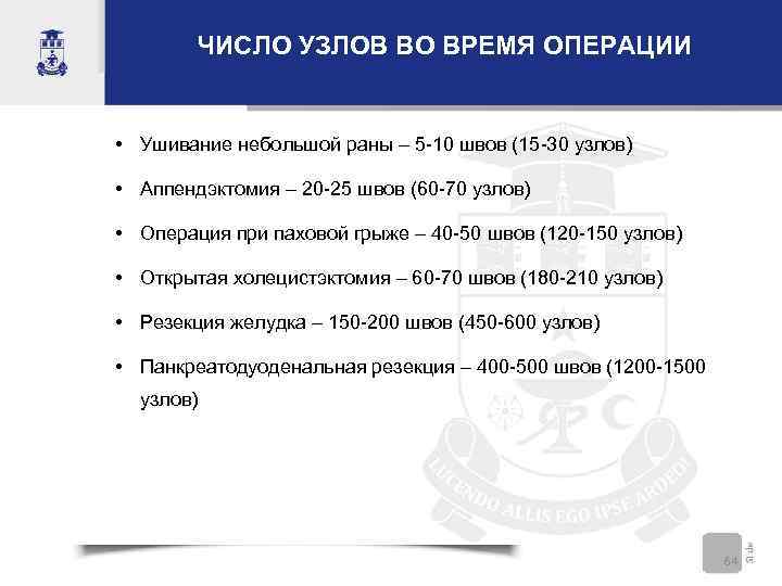   ЧИСЛО УЗЛОВ ВО ВРЕМЯ ОПЕРАЦИИ  • Ушивание небольшой раны – 5