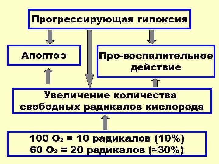  Прогрессирующая гипоксия  Апоптоз Про-воспалительное    действие Увеличение количества свободных радикалов