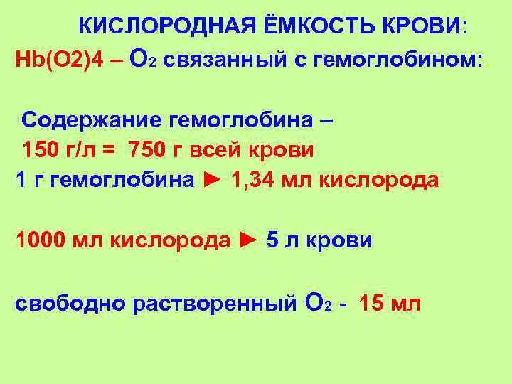    КИСЛОРОДНАЯ ЁМКОСТЬ КРОВИ: Hb(O 2)4 – О 2 связанный с гемоглобином: