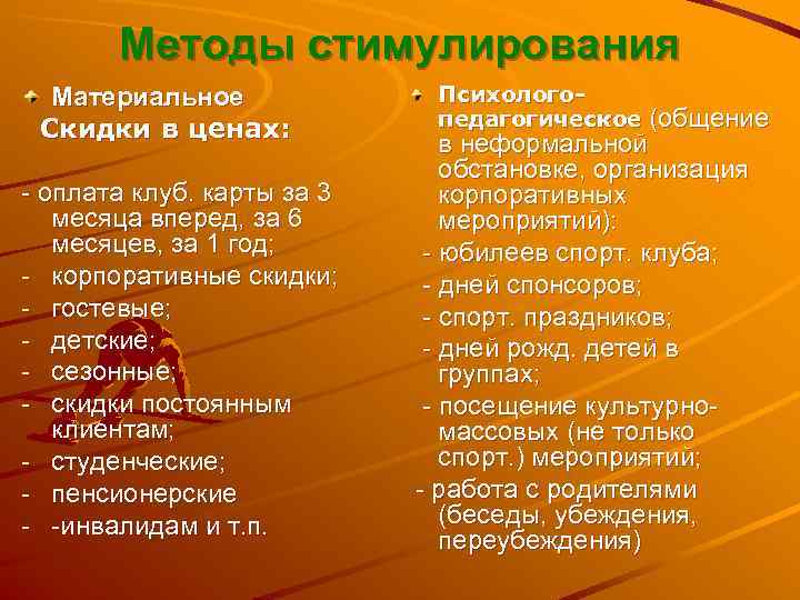   Методы стимулирования  Материальное    Психолого-    