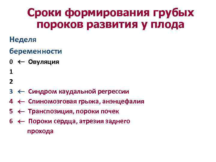   Сроки формирования грубых   пороков развития у плода Неделя беременности 0