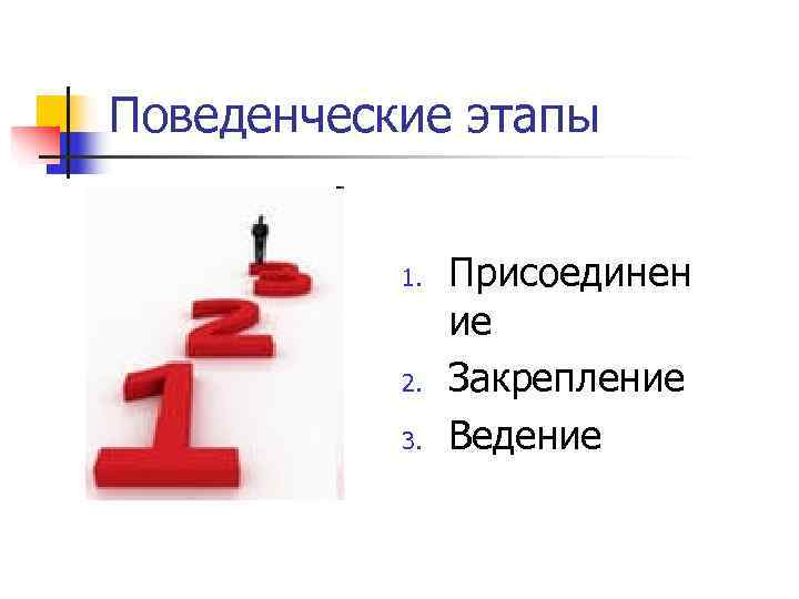 Поведенческие этапы 1. Присоединен ие 2. Закрепление Поведенческие этапы 1. Присоединен ие 2. Закрепление