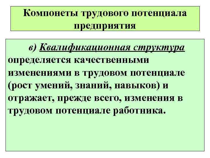  Компонеты трудового потенциала  предприятия в) Квалификационная структура определяется качественными изменениями в трудовом