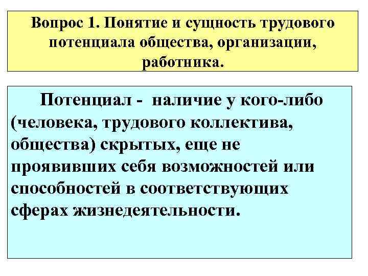  Вопрос 1. Понятие и сущность трудового потенциала общества, организации,   работника. Потенциал