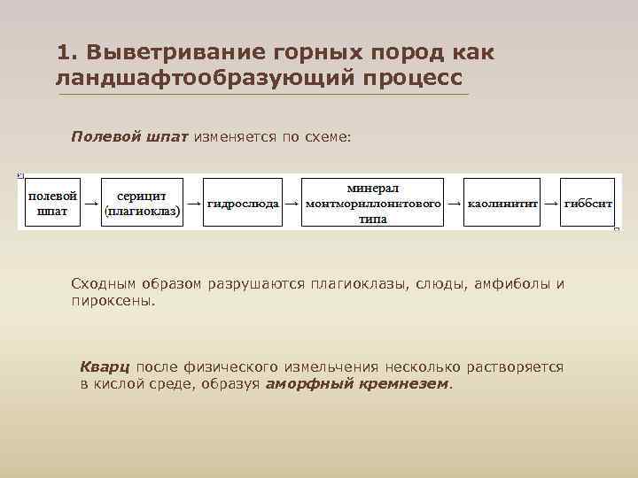 1. Выветривание горных пород как ландшафтообразующий процесс  Полевой шпат изменяется по схеме: 