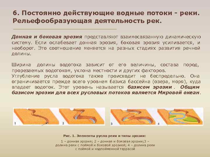 6. Постоянно действующие водные потоки - реки.  Рельефообразующая деятельность рек.  Донная и