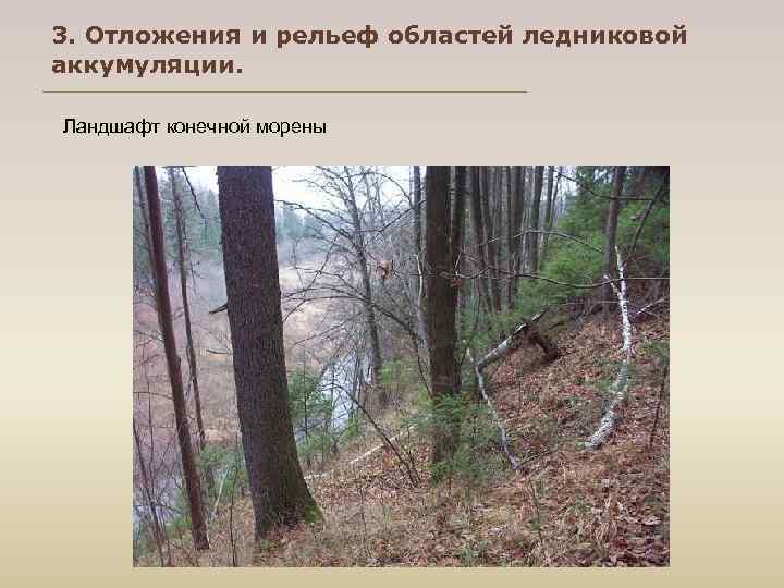 3. Отложения и рельеф областей ледниковой аккумуляции.  Ландшафт конечной морены 