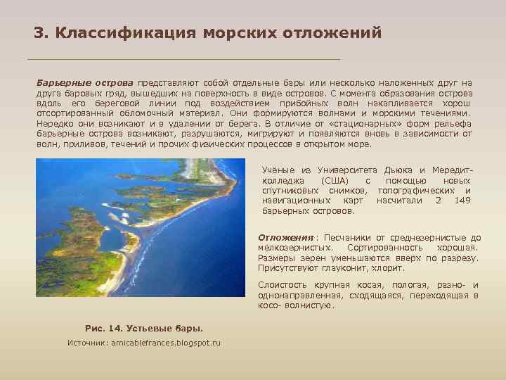 3. Классификация морских отложений  Барьерные острова представляют собой отдельные бары или несколько наложенных