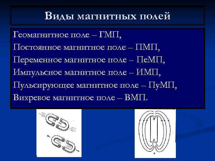  Виды магнитных полей Геомагнитное поле – ГМП, Постоянное магнитное поле – ПМП, Переменное