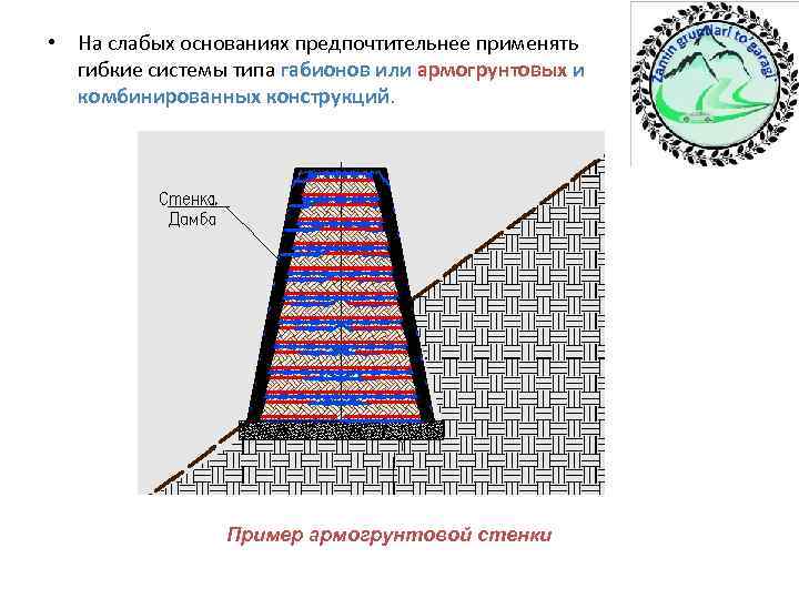  • На слабых основаниях предпочтительнее применять  гибкие системы типа габионов или армогрунтовых