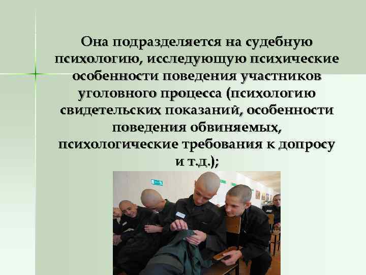   Она подразделяется на судебную психологию, исследующую психические  особенности поведения участников уголовного