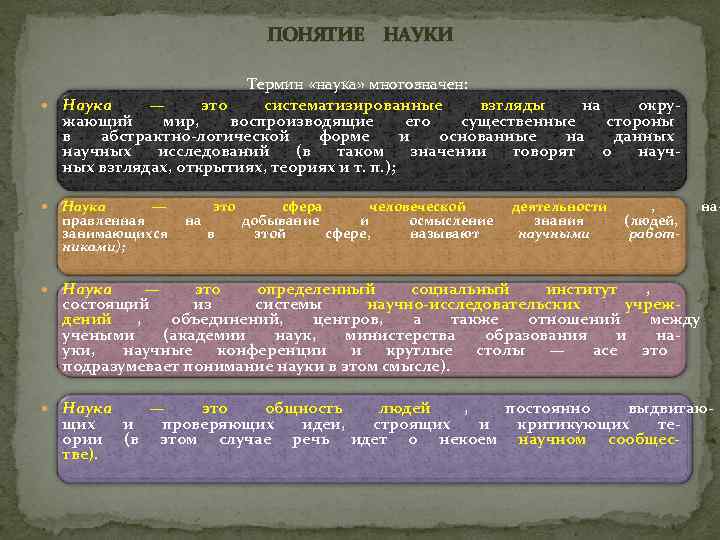        ПОНЯТИЕ НАУКИ     