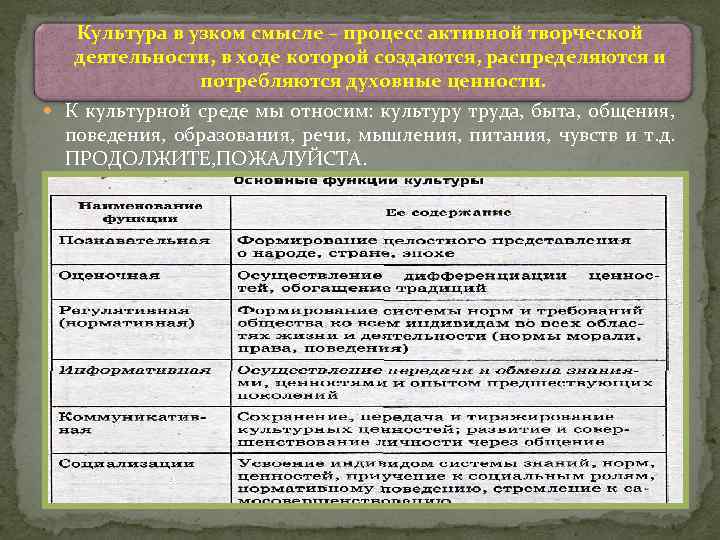   Культура в узком смысле – процесс активной творческой  деятельности, в ходе