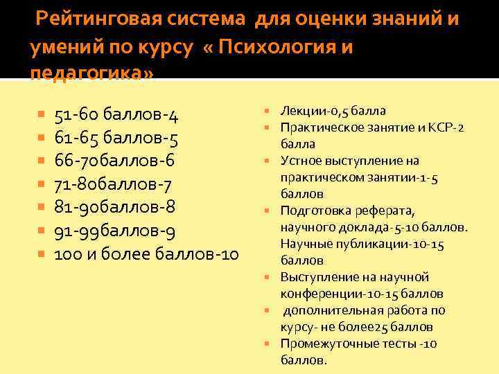  Рейтинговая система для оценки знаний и умений по курсу  « Психология и