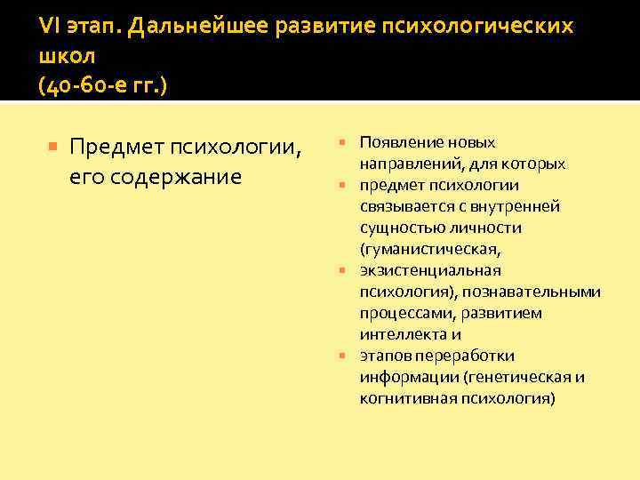 VI этап. Дальнейшее развитие психологических школ (40 -60 -е гг. ) Предмет психологии, 