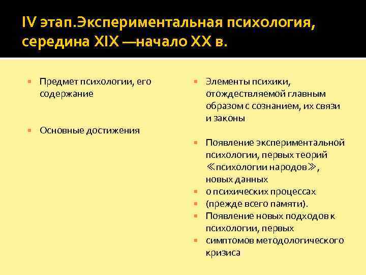 IV этап. Экспериментальная психология, середина XIX —начало XX в.  Предмет психологии, его 