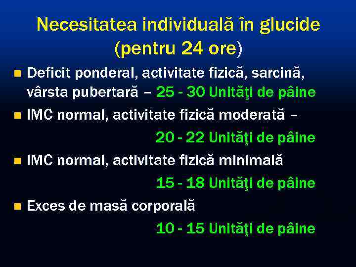   Necesitatea individuală în glucide   (pentru 24 ore) n Deficit ponderal,