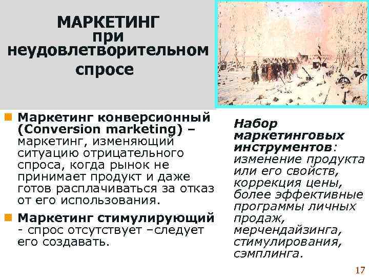  МАРКЕТИНГ  при неудовлетворительном   спросе  n Маркетинг конверсионный  