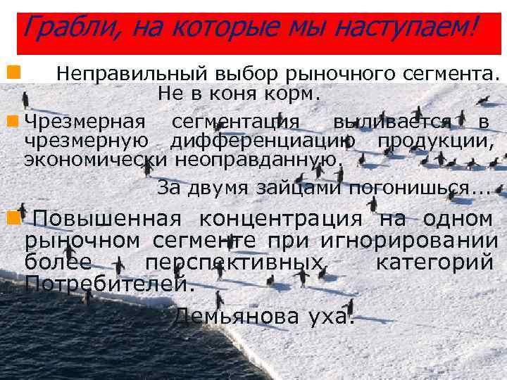  Грабли, на которые мы наступаем! n  Неправильный выбор рыночного сегмента.  