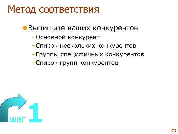 Метод соответствия  l Выпишите ваших конкурентов  – Основной конкурент  – Список
