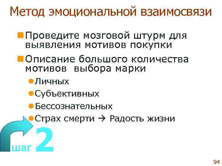 Метод эмоциональной взаимосвязи n Проведите мозговой штурм для выявления мотивов покупки n Описание большого