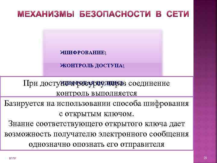    ØШИФРОВАНИЕ;    ØКОНТРОЛЬ ДОСТУПА;   При доступе к