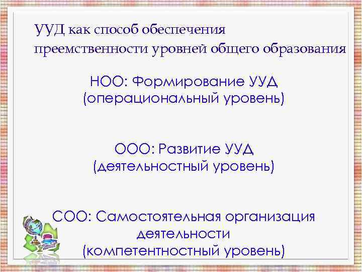 УУД как способ обеспечения преемственности уровней общего образования НОО: Формирование УУД УУД как способ обеспечения преемственности уровней общего образования НОО: Формирование УУД