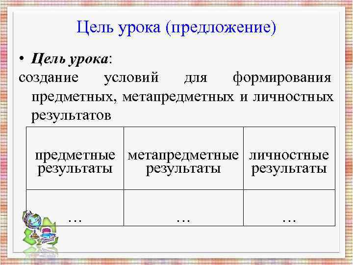 Цель урока (предложение) • Цель урока: создание условий для формирования предметных, Цель урока (предложение) • Цель урока: создание условий для формирования предметных,