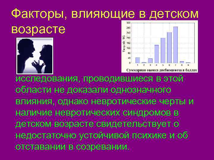 Факторы, влияющие в детском возрасте  исследования, проводившиеся в этой области не доказали однозначного
