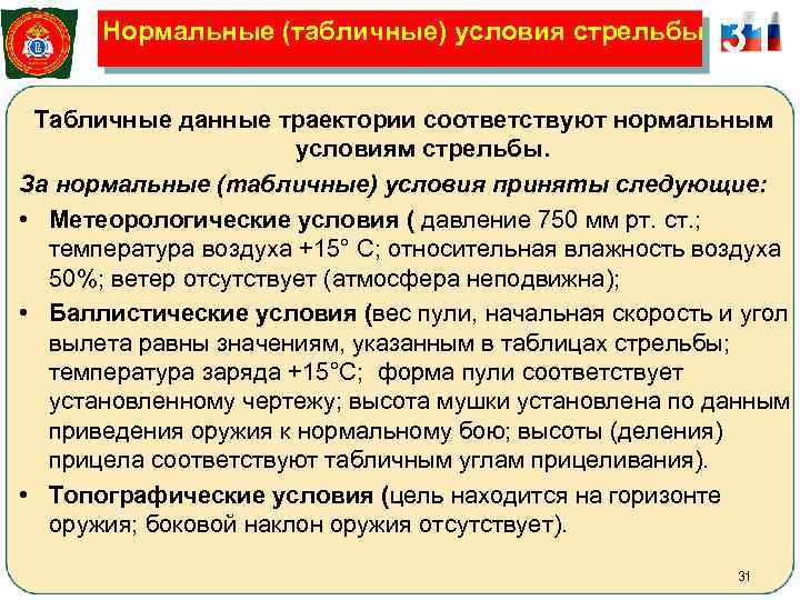  Нормальные (табличные) условия стрельбы   31 Табличные данные траектории соответствуют нормальным 