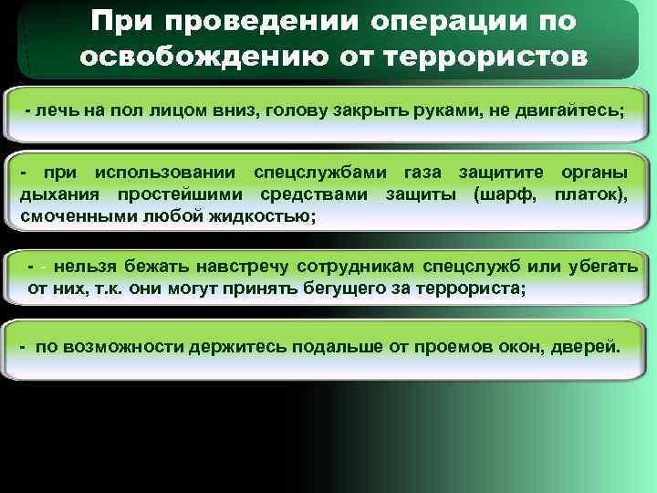   При проведении операции по  освобождению от террористов - лечь на пол