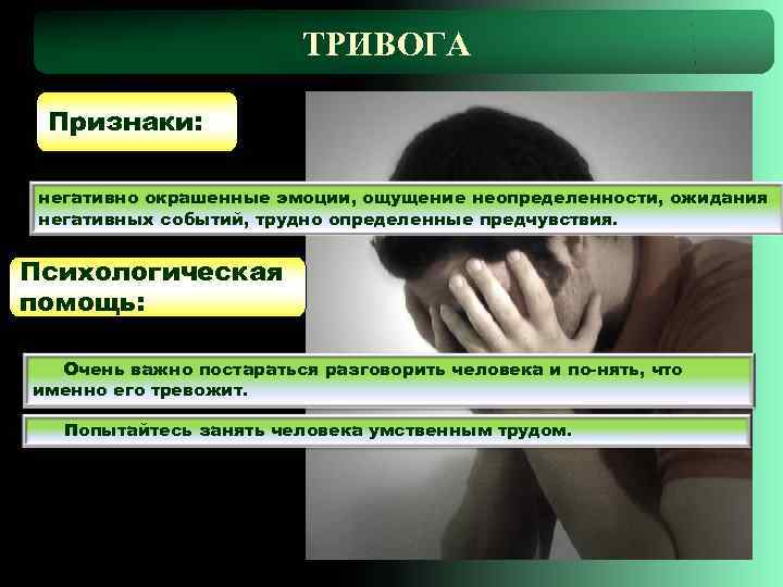     ТРИВОГА  Признаки:  негативно окрашенные эмоции, ощущение неопределенности,