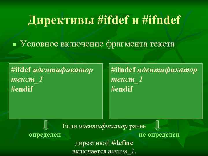  Директивы #ifdef и #ifndef n  Условное включение фрагмента текста #ifdef идентификатор 