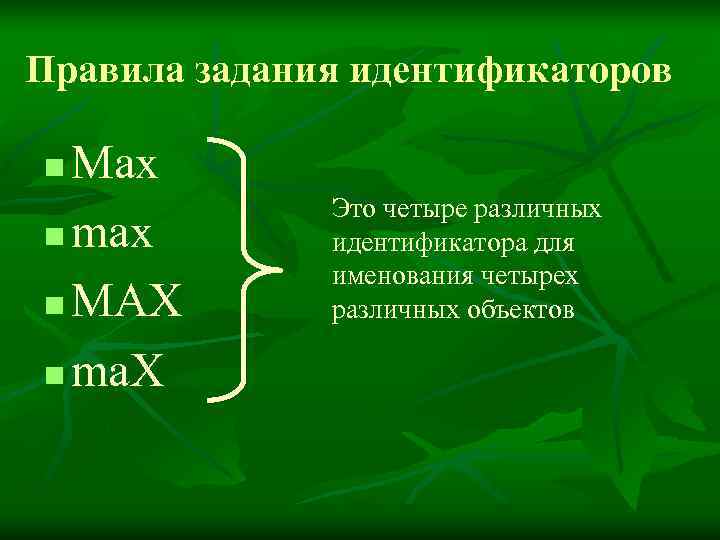 Правила задания идентификаторов n Max    Это четыре различных n max 