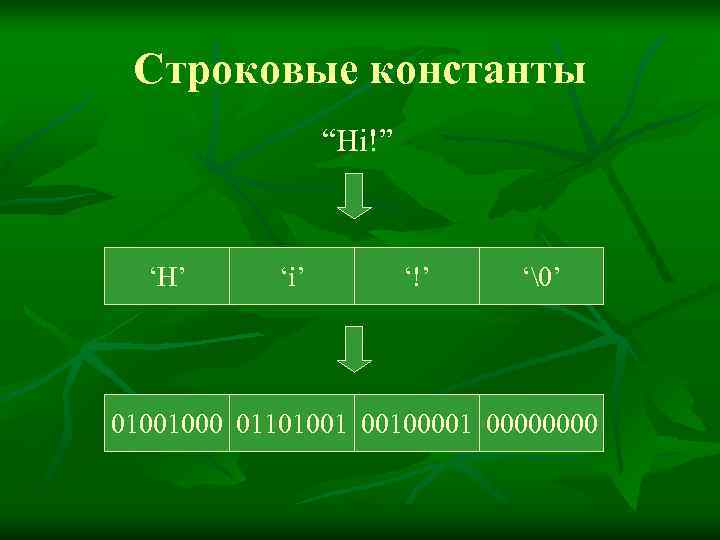  Строковые константы    “Hi!” ‘H’  ‘i’  ‘!’  ‘ ’