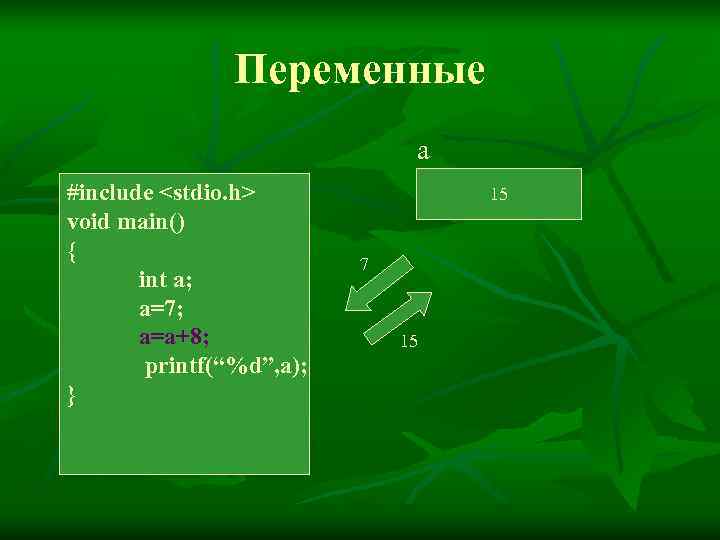     Переменные      a #include <stdio. h>