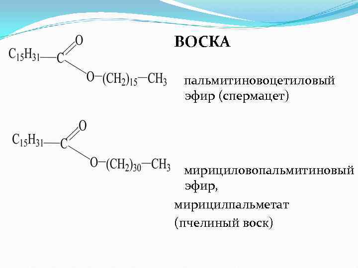 ВОСКА пальмитиновоцетиловый эфир (спермацет)  мирициловопальмитиновый эфир, мирицилпальметат (пчелиный воск) 