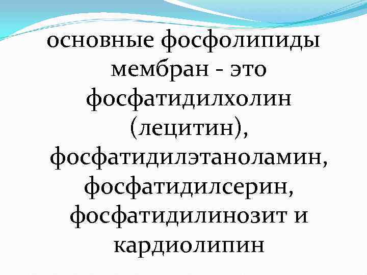 основные фосфолипиды  мембран - это фосфатидилхолин  (лецитин),  фосфатидилэтаноламин, фосфатидилсерин, фосфатидилинозит и