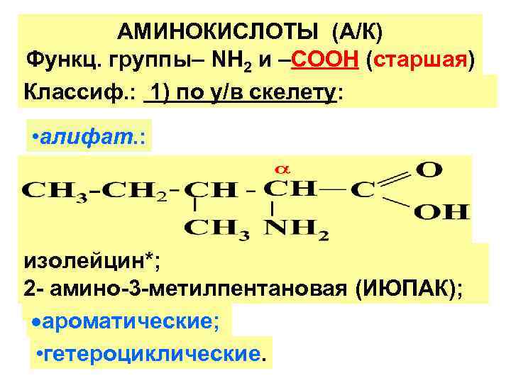 АМИНОКИСЛОТЫ (А/К) Функц. группы– NН 2 и –СООН (старшая) Классиф. : 1) АМИНОКИСЛОТЫ (А/К) Функц. группы– NН 2 и –СООН (старшая) Классиф. : 1)