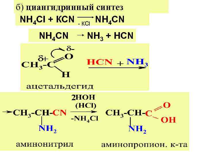б) циангидринный синтез NH 4 СI + КСN - КСl NH 4 СN NH б) циангидринный синтез NH 4 СI + КСN - КСl NH 4 СN NH