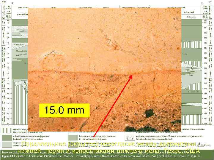  Параллельное (скрытое) несогласие между доломитами нижней перми и известняками нижнего мела. Техас, США