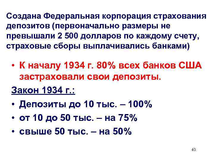 Создана Федеральная корпорация страхования депозитов (первоначально размеры не превышали 2 500 долларов по каждому